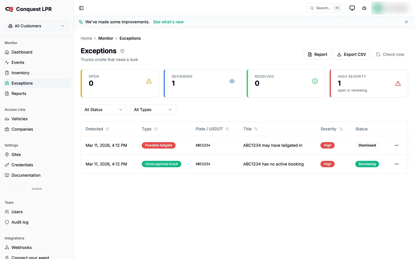 Exceptions page: open, reviewing and resolved counts, and the vehicles that need a look